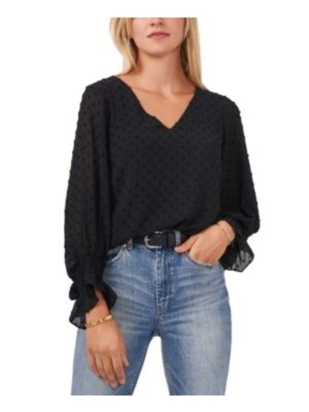 Vince Camuto Womens Clip Dot Smocked Cuff Ruffled Blouse Black Size Small NWT